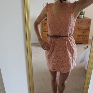 Pink Lace Fitted Dress with Belt